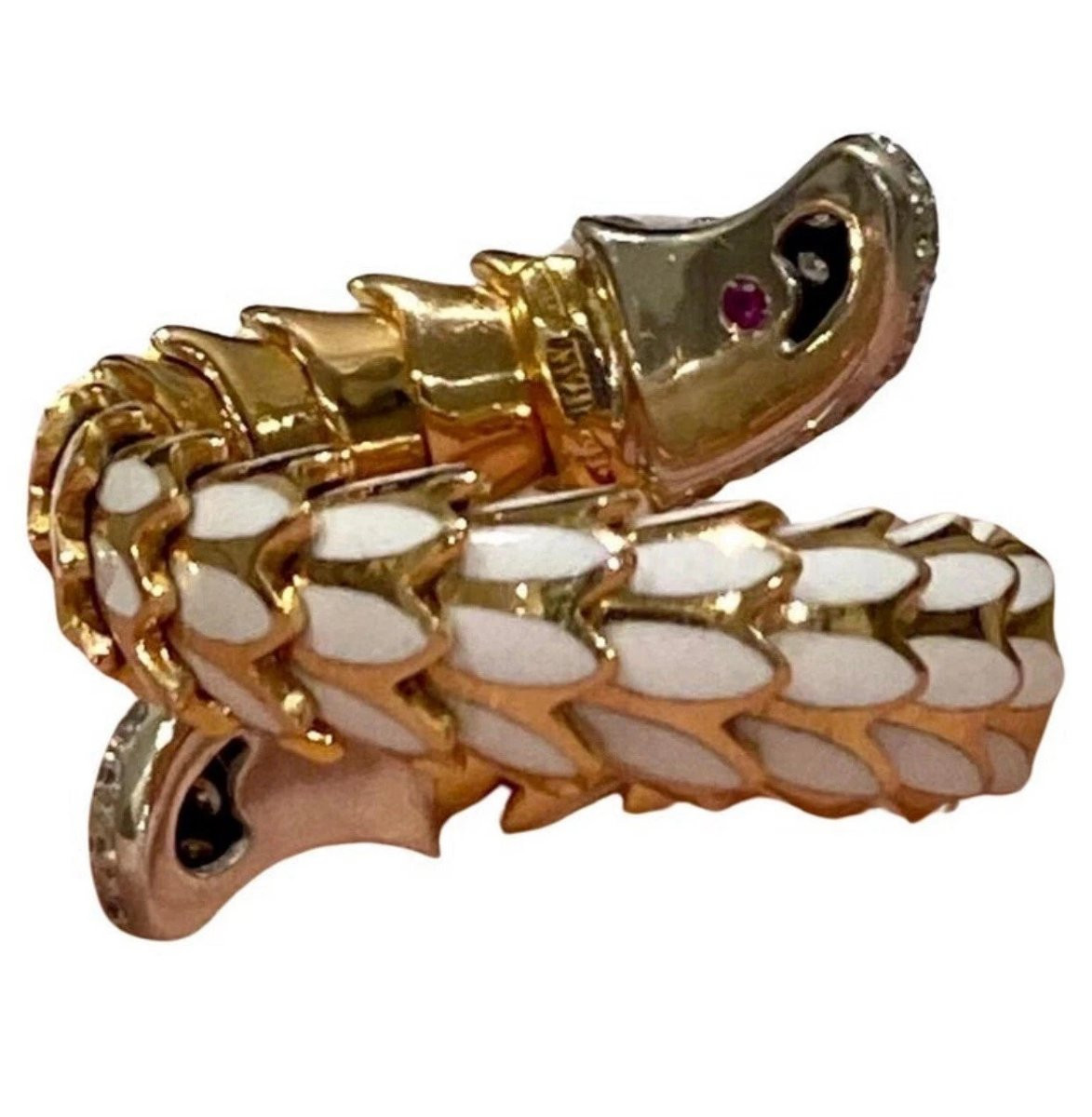 Robert Coin 18k Rose Gold, White Enamel, And Diamond 'cobra'ring-photo-4
