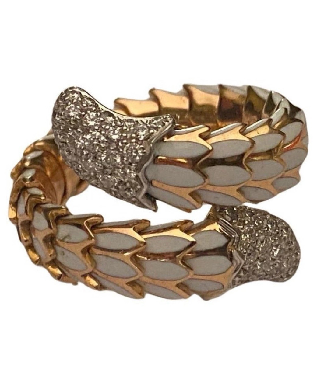 Robert Coin 18k Rose Gold, White Enamel, And Diamond 'cobra'ring