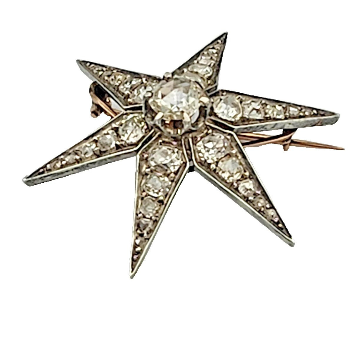 Broche étoile victorienne antique en or et argent avec diamants taille européenne ancienne de 3-photo-2