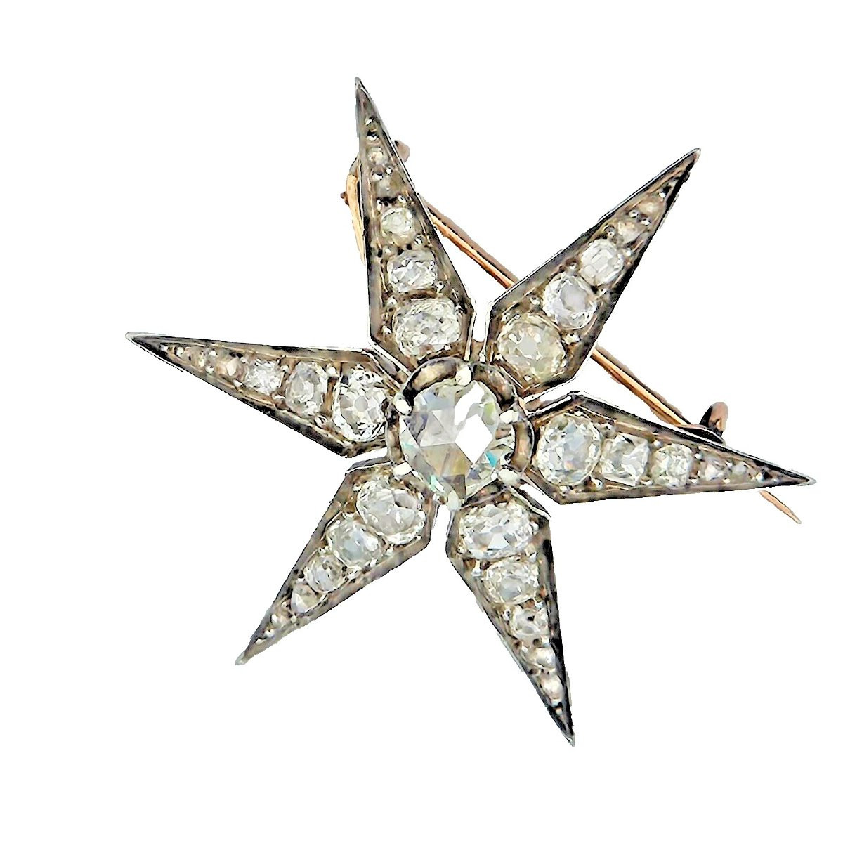 Broche étoile victorienne antique en or et argent avec diamants taille européenne ancienne de 3-photo-4