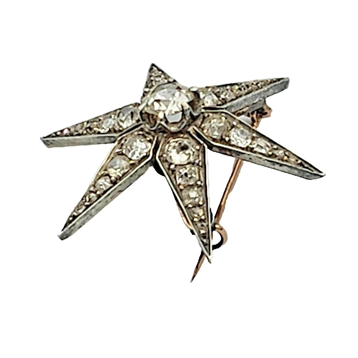 Broche étoile victorienne antique en or et argent avec diamants taille européenne ancienne de 3-photo-3