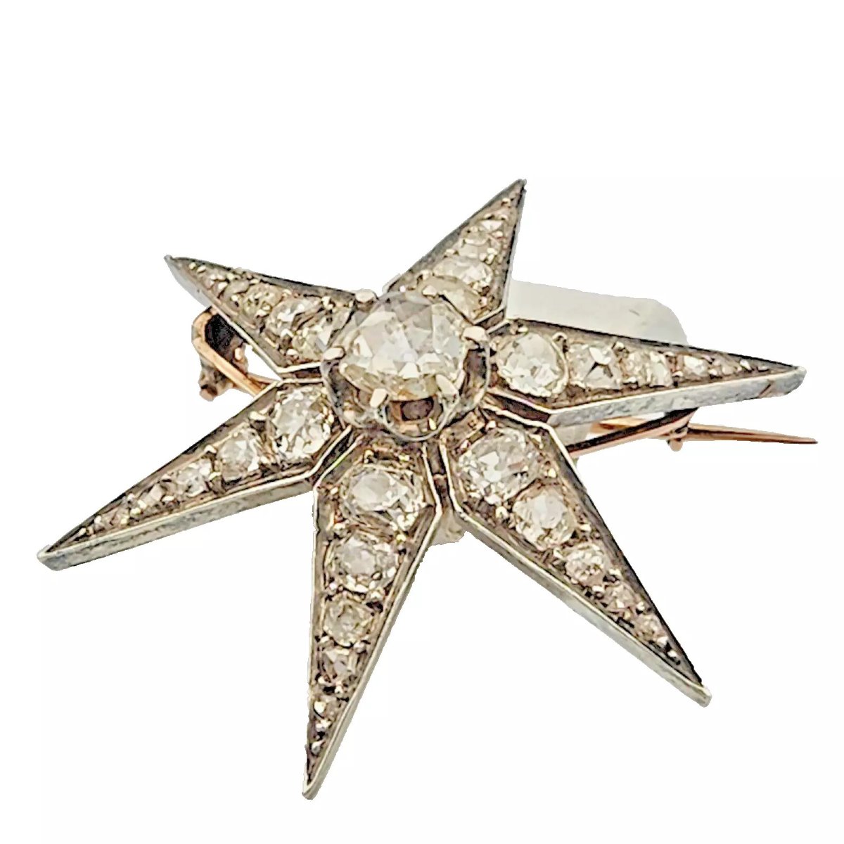 Broche étoile victorienne antique en or et argent avec diamants taille européenne ancienne de 3-photo-5