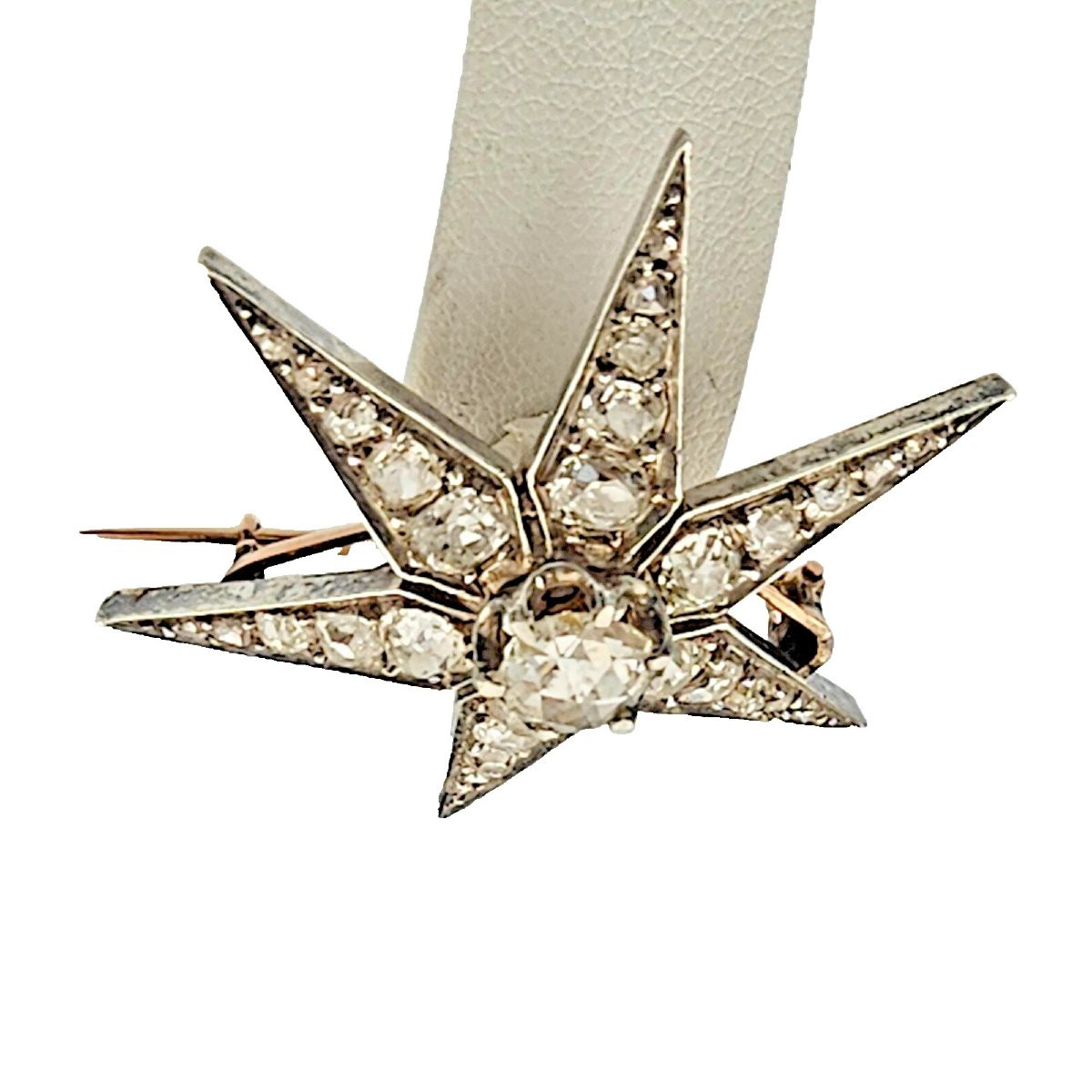 Broche étoile victorienne antique en or et argent avec diamants taille européenne ancienne de 3-photo-7