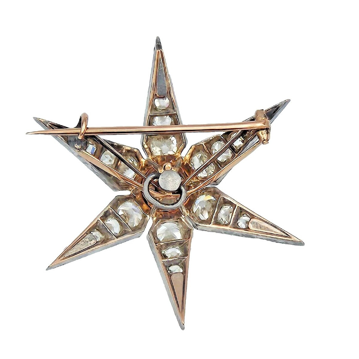 Broche étoile victorienne antique en or et argent avec diamants taille européenne ancienne de 3-photo-8