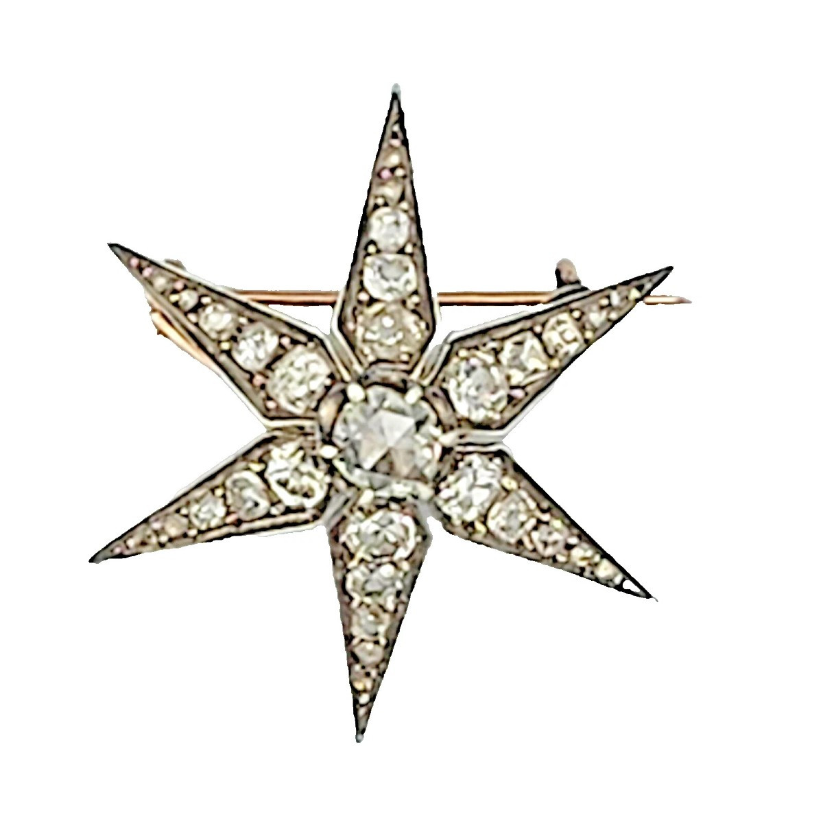 Broche étoile victorienne antique en or et argent avec diamants taille européenne ancienne de 3