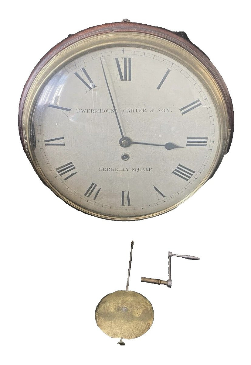 A Rare 14" Wooden Dial Fusee Dial Clock Signed Dwerrihouse Carter & Son Ca 1810-photo-4