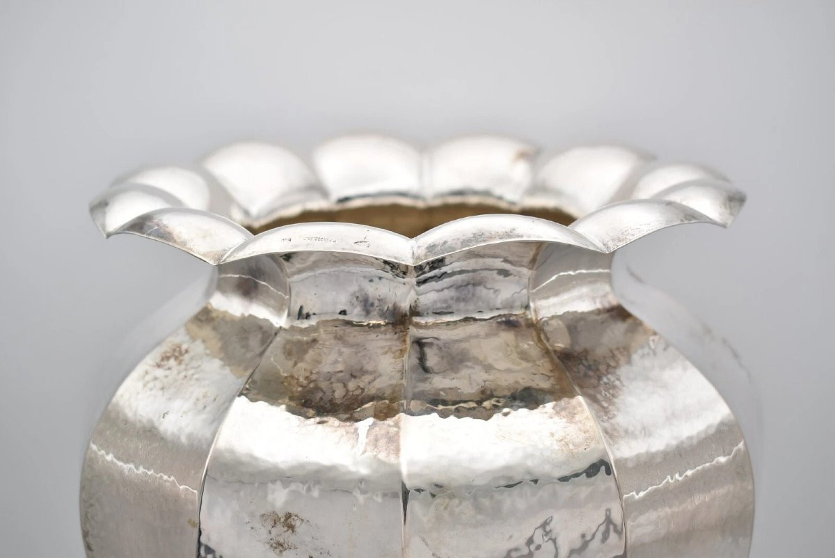 Grand vase polygonal à 12 faces en argent 800 italien par Romeo Miracoli Milano, années 1920-photo-3