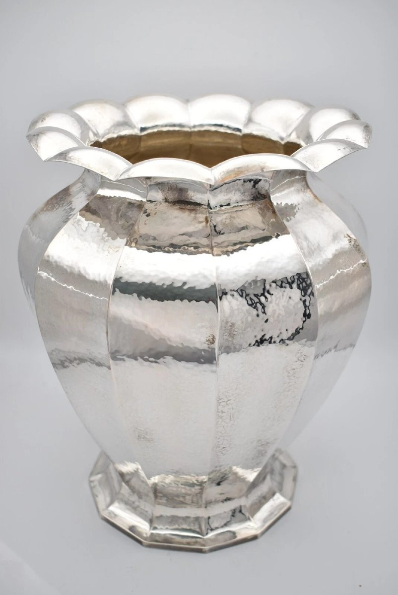 Grand vase polygonal à 12 faces en argent 800 italien par Romeo Miracoli Milano, années 1920-photo-4