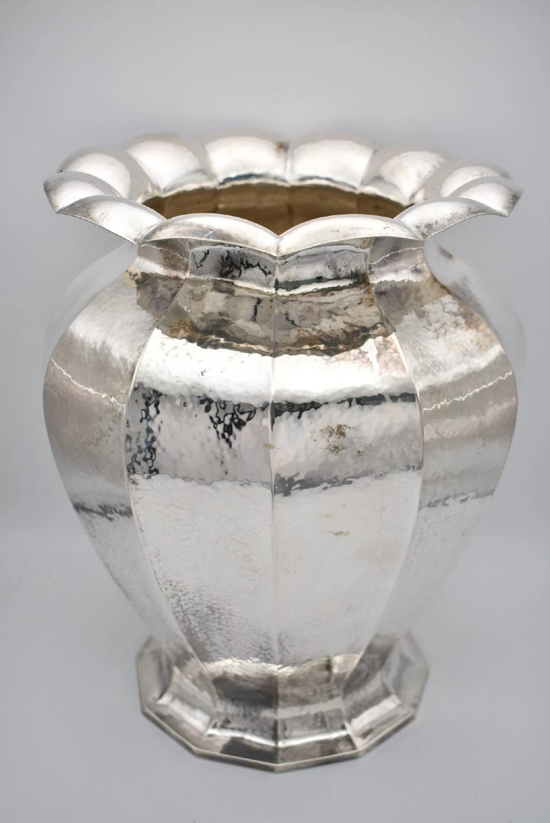 Grand vase polygonal à 12 faces en argent 800 italien par Romeo Miracoli Milano, années 1920-photo-1