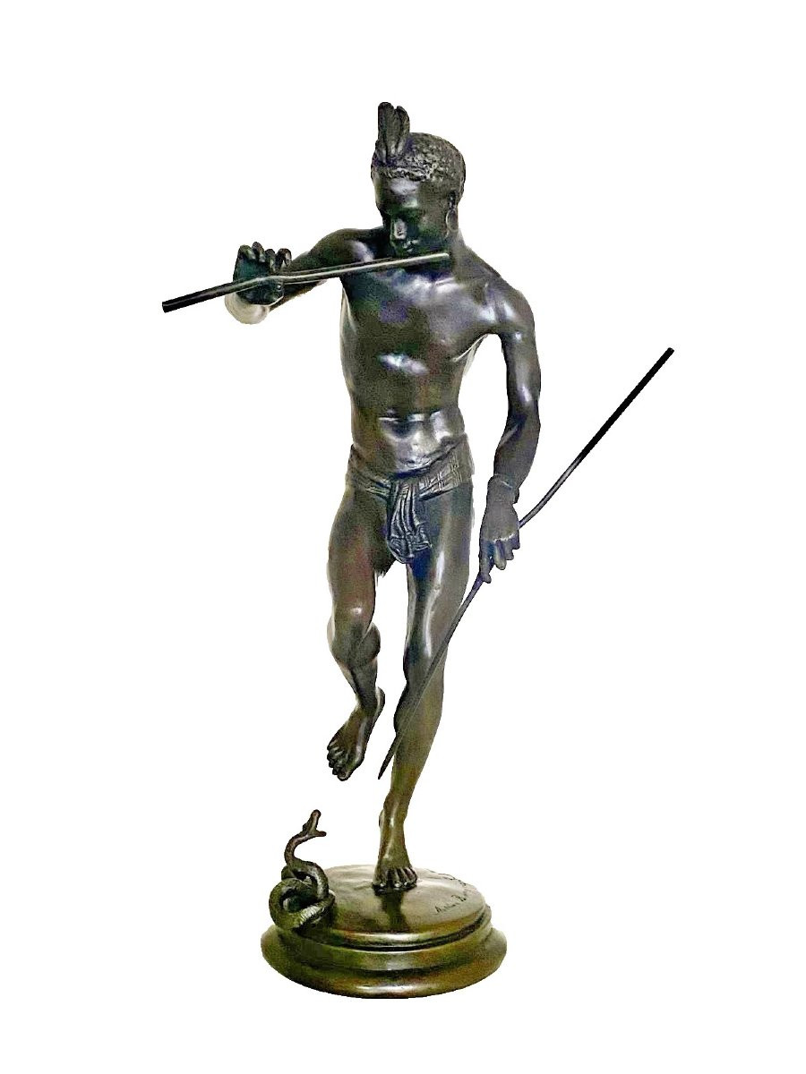 Sculpture antique en bronze « Le charmeur de serpents » Charles Arthur Bourgeois, vers 19e-photo-2
