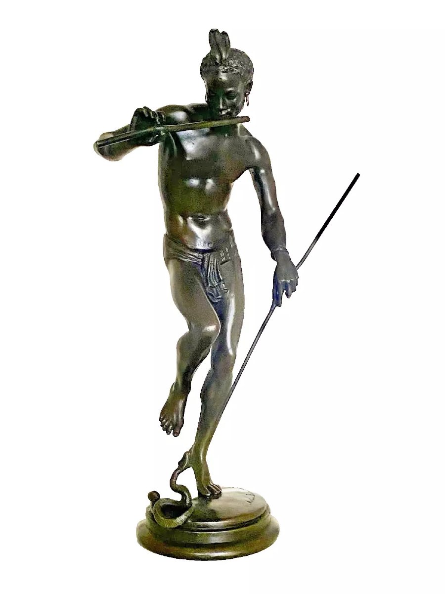Sculpture antique en bronze « Le charmeur de serpents » Charles Arthur Bourgeois, vers 19e-photo-3