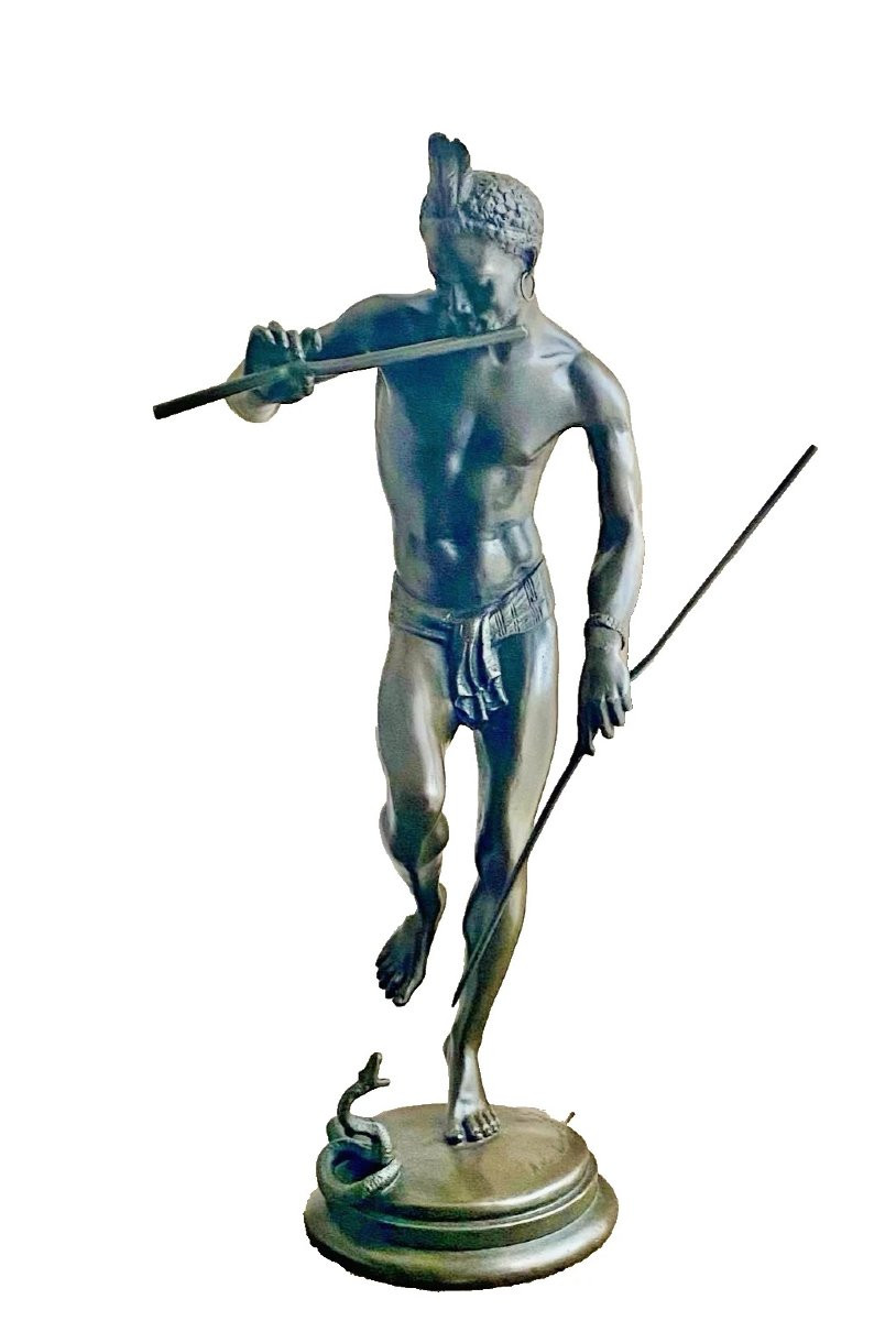Sculpture antique en bronze « Le charmeur de serpents » Charles Arthur Bourgeois, vers 19e-photo-2