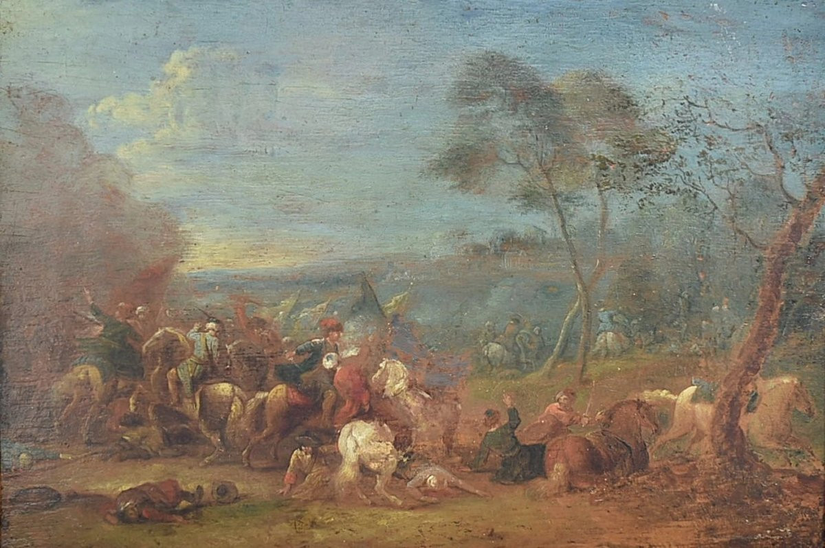 A Italian School, 18th Century –oil On Canvas Cavalry Skirmish Scene Ca 1750-photo-2