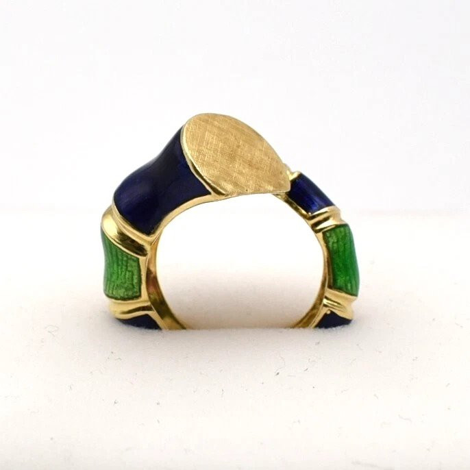 Vintage Mid Century Blue & Green Enamel On 18 Ct Yellow Gold Bamboo Design Ring-photo-4