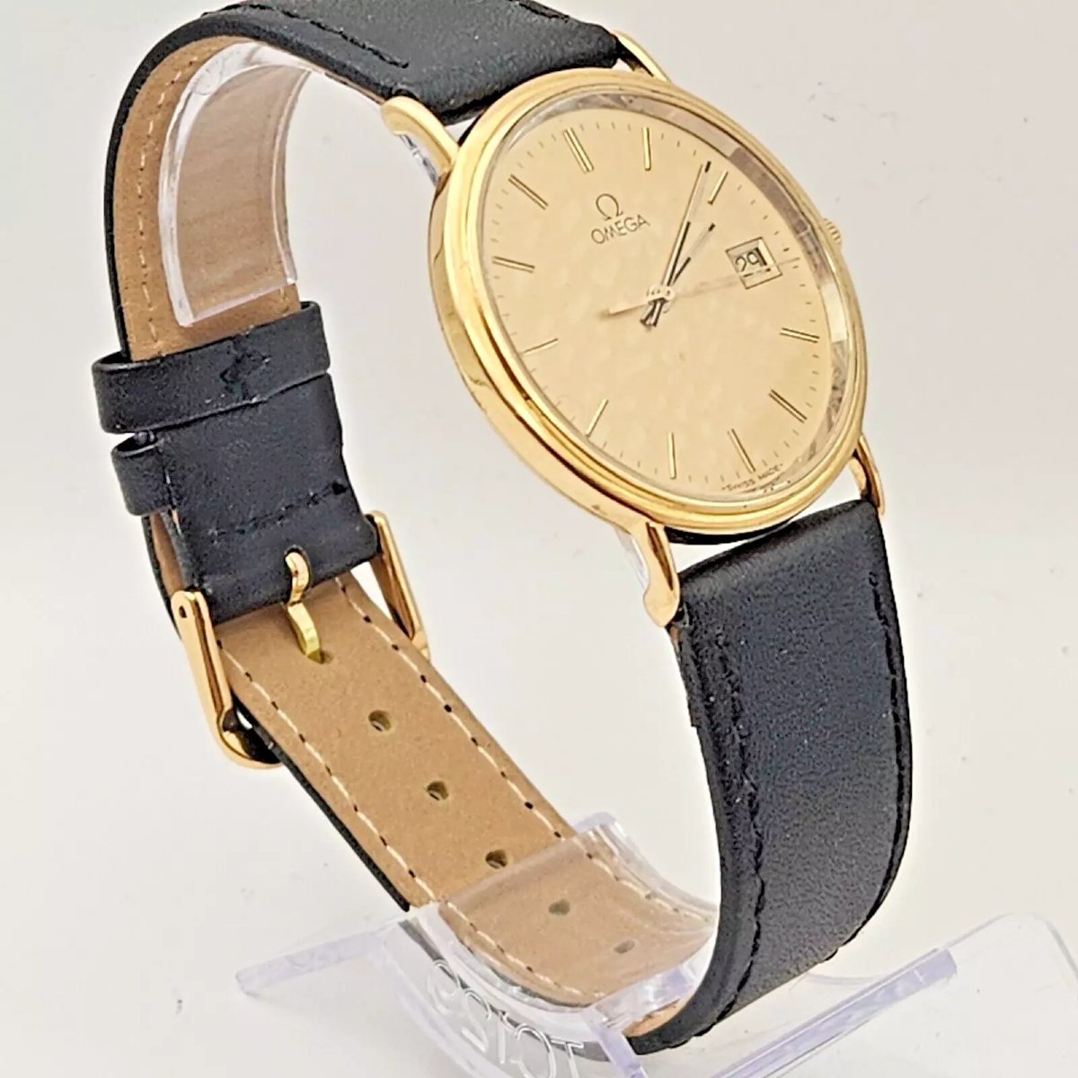 Omega Seamaster 33 mm, quartz, cadran champagne, bracelet cuir, or massif 18 carats, vers 1990-photo-3