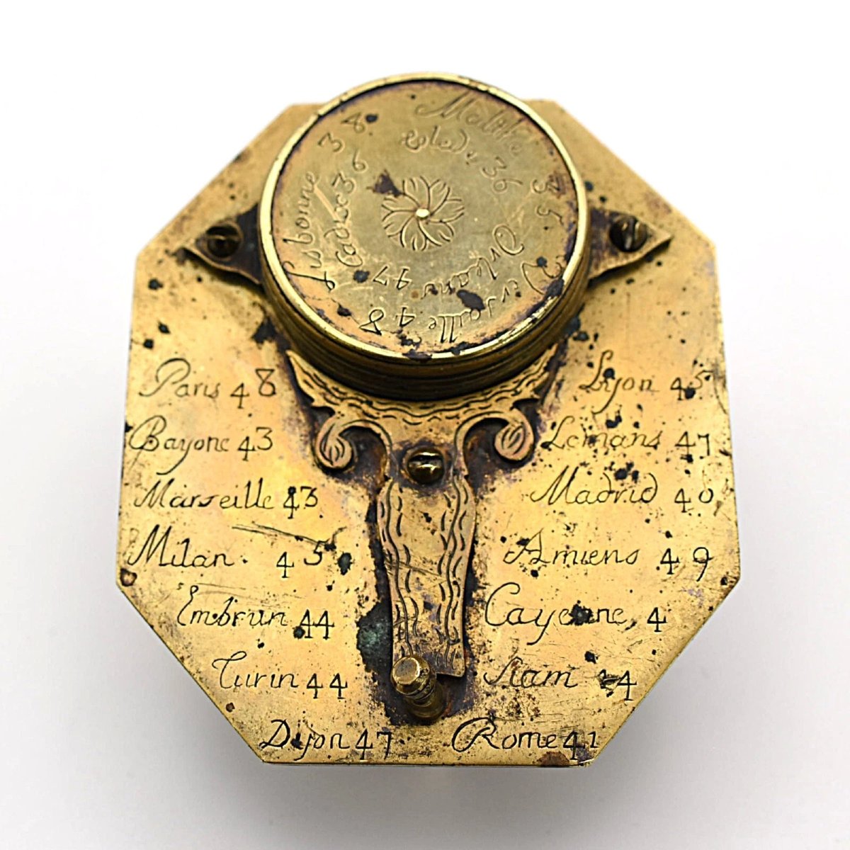 Antique French Butterfield Pocket Compass / Sundial Circa 1700's-photo-2