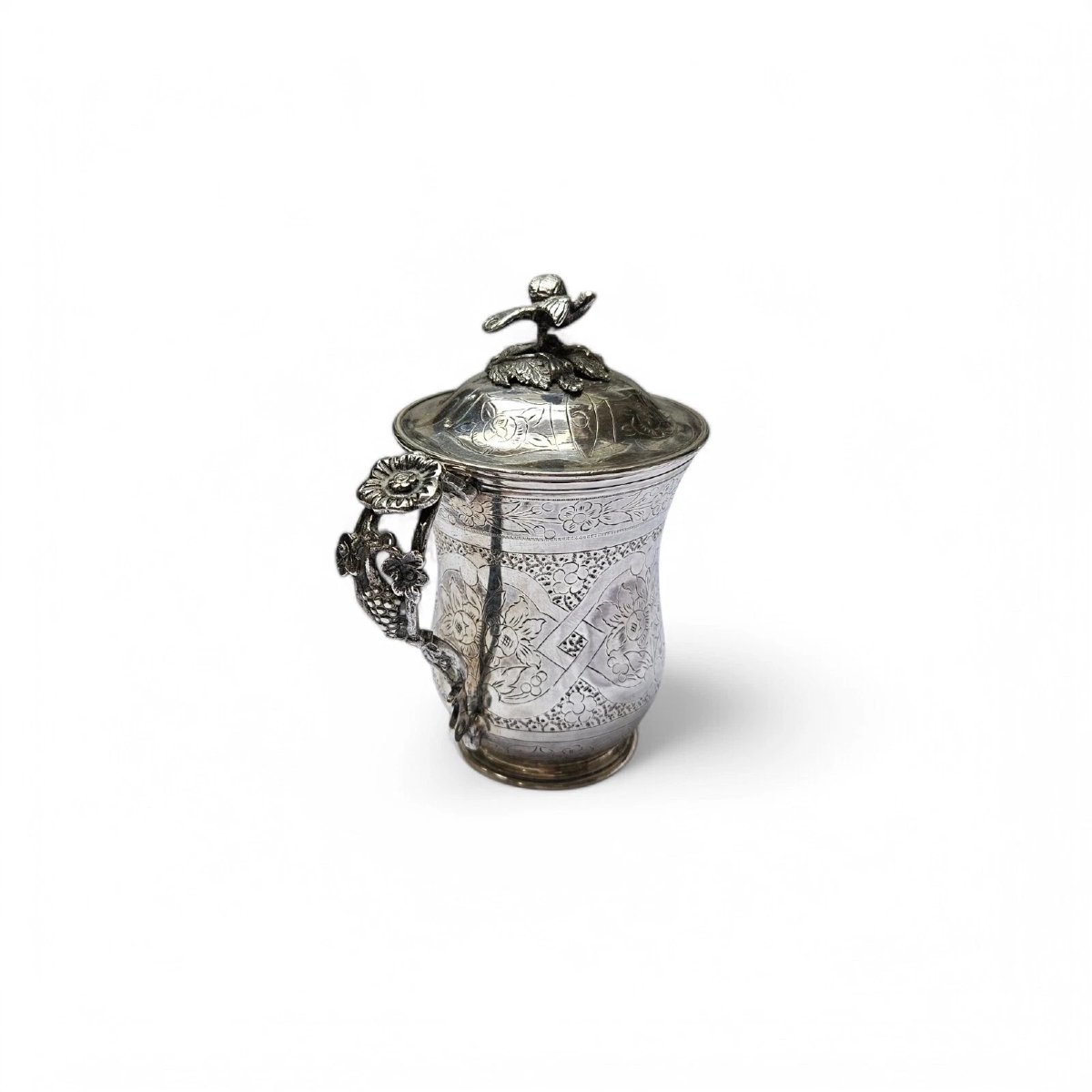 Antique Ottoman Empire Silver Sahlep Cup & Cover Floral Engraved. Bird Finial-photo-2