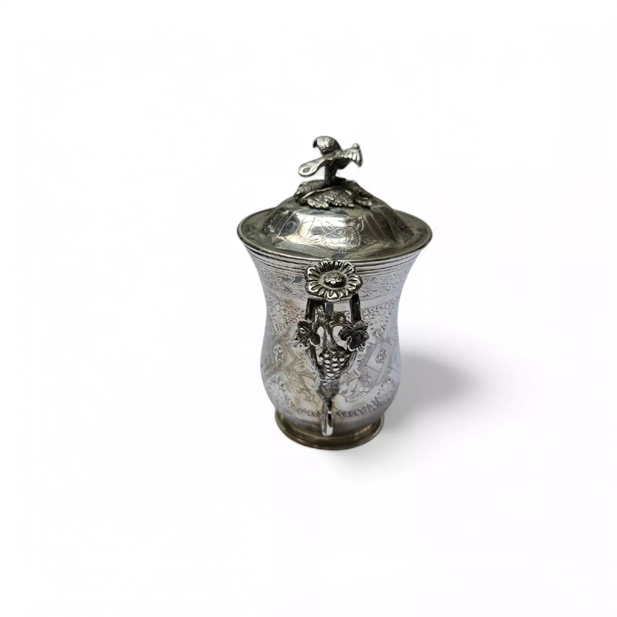 Antique Ottoman Empire Silver Sahlep Cup & Cover Floral Engraved. Bird Finial-photo-3