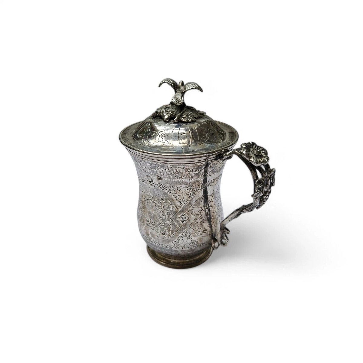 Antique Ottoman Empire Silver Sahlep Cup & Cover Floral Engraved. Bird Finial-photo-4