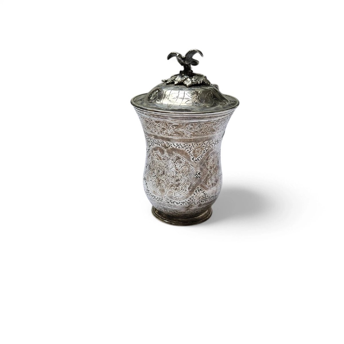 Antique Ottoman Empire Silver Sahlep Cup & Cover Floral Engraved. Bird Finial-photo-1