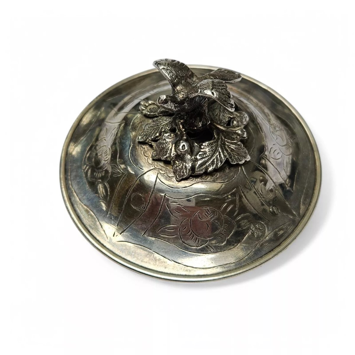 Antique Ottoman Empire Silver Sahlep Cup & Cover Floral Engraved. Bird Finial-photo-2
