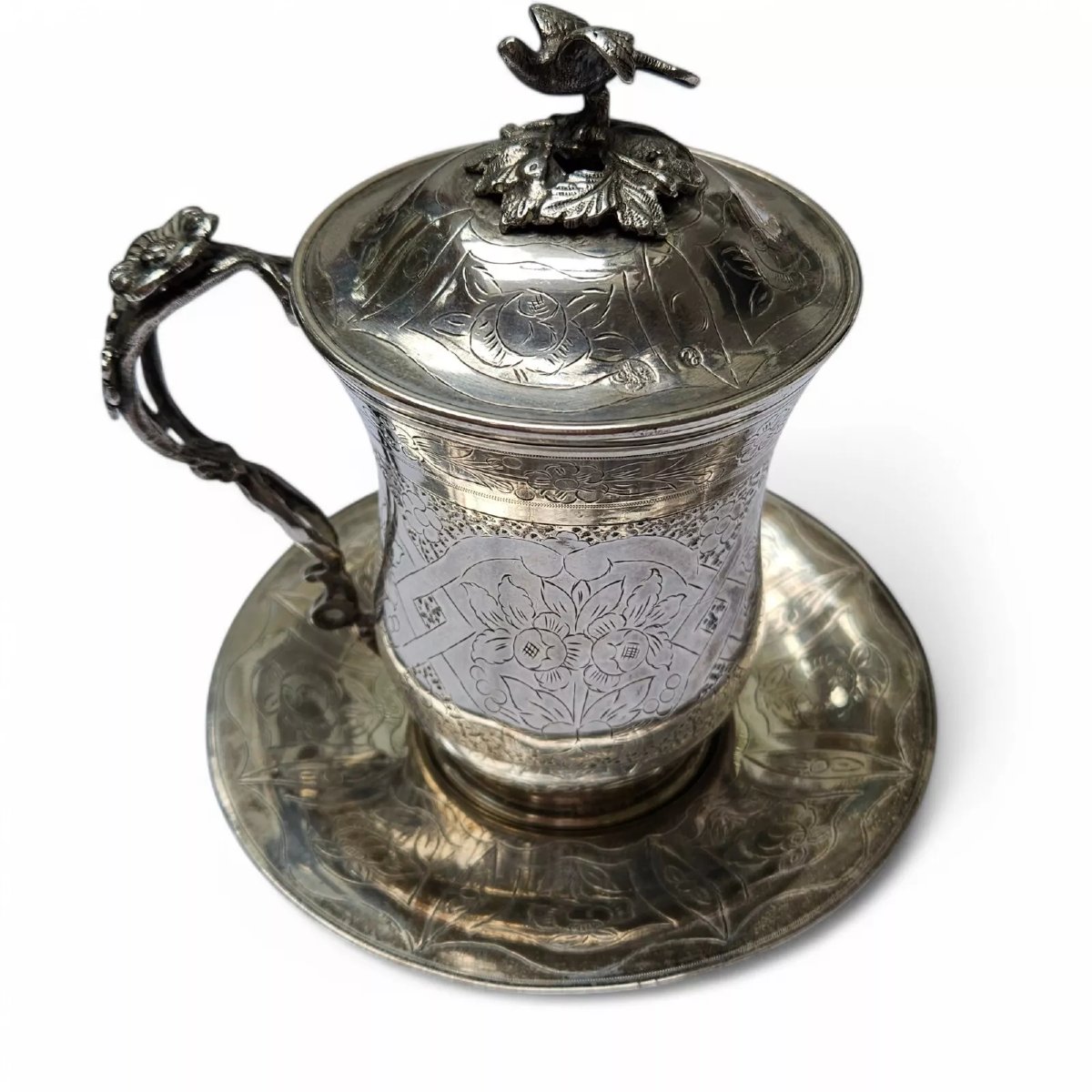 Antique Ottoman Empire Silver Sahlep Cup & Cover Floral Engraved. Bird Finial-photo-5