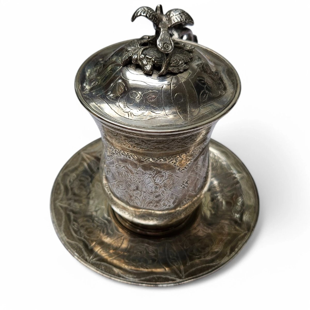 Antique Ottoman Empire Silver Sahlep Cup & Cover Floral Engraved. Bird Finial-photo-6