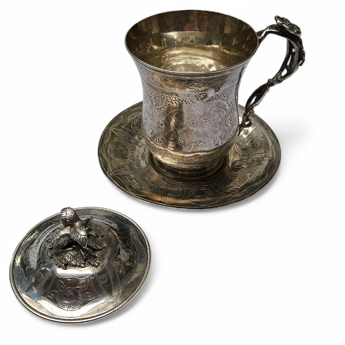 Antique Ottoman Empire Silver Sahlep Cup & Cover Floral Engraved. Bird Finial-photo-7