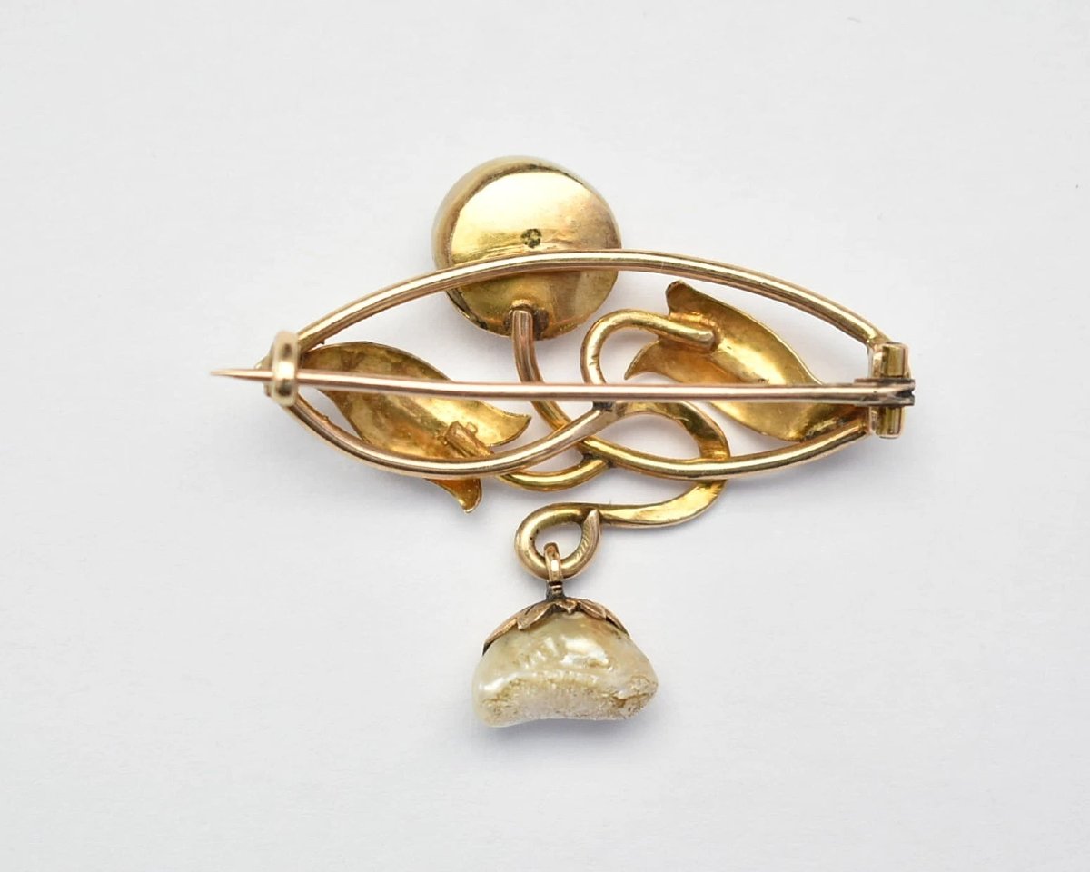 Antique Art Nouveau Yellow Gold Pearl Leaf & Floral Design Brooch Ca 1900-photo-1