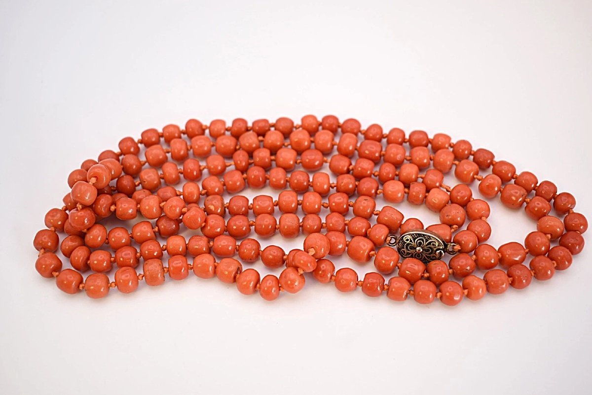 Vintage Single Stranded Beaded Salmon Coral Necklace With Silver Clasp 51"-photo-2