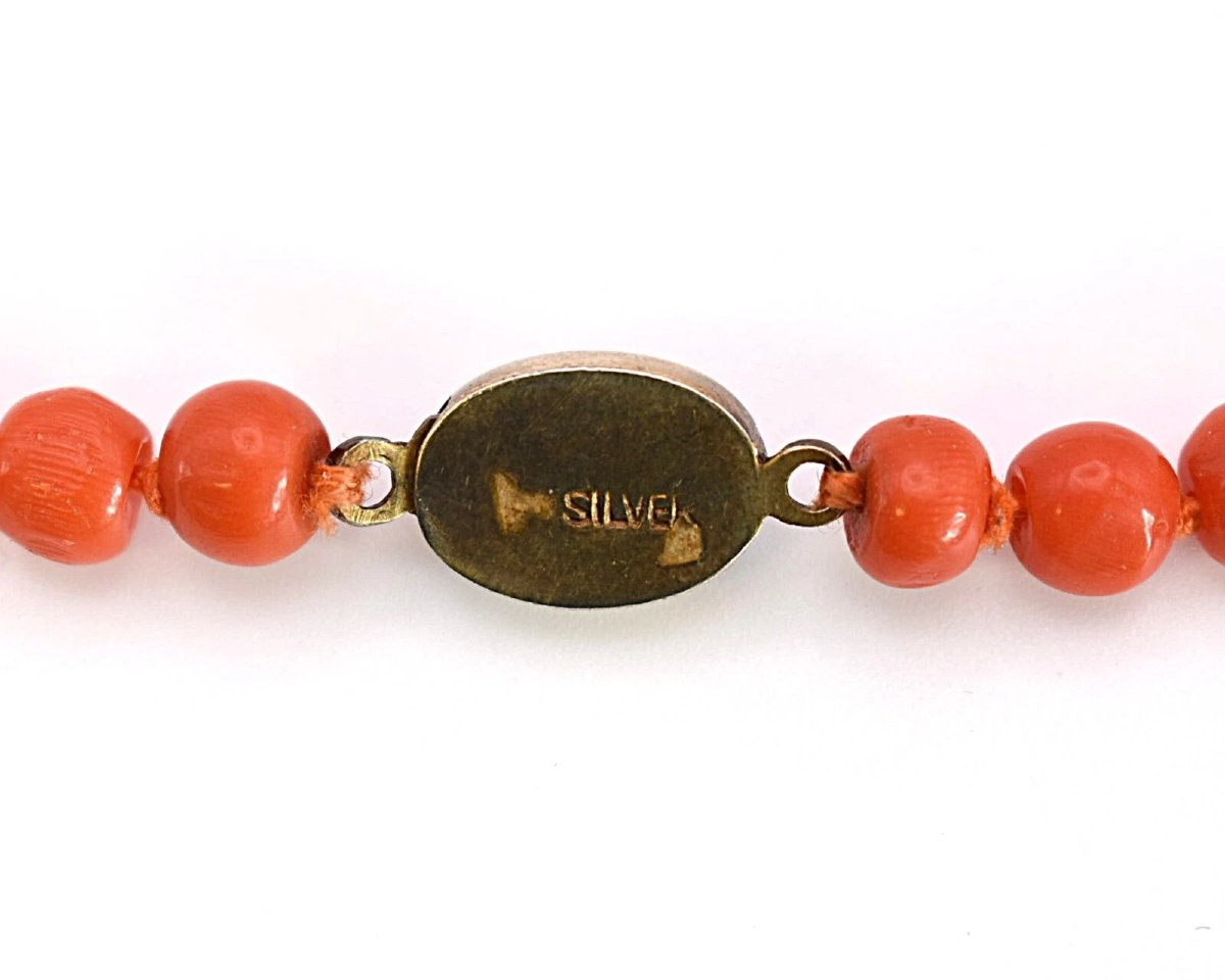Vintage Single Stranded Beaded Salmon Coral Necklace With Silver Clasp 51"-photo-2