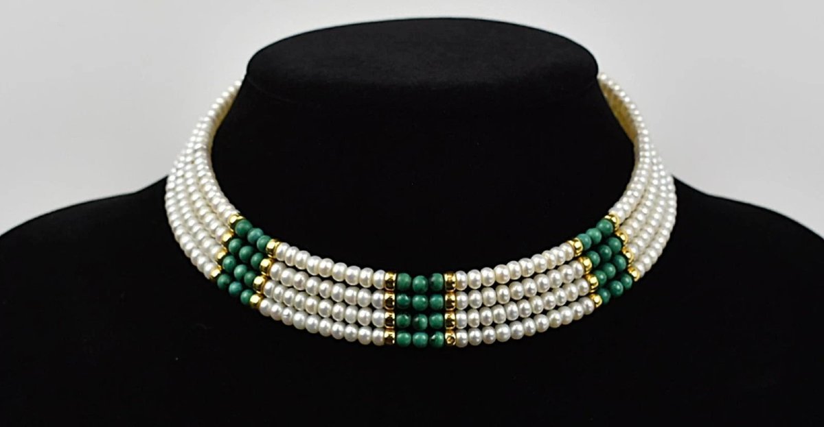 Collier ras du cou en or 18 carats avec perles et malachite du milieu du siècle et bracelet 38 -photo-2