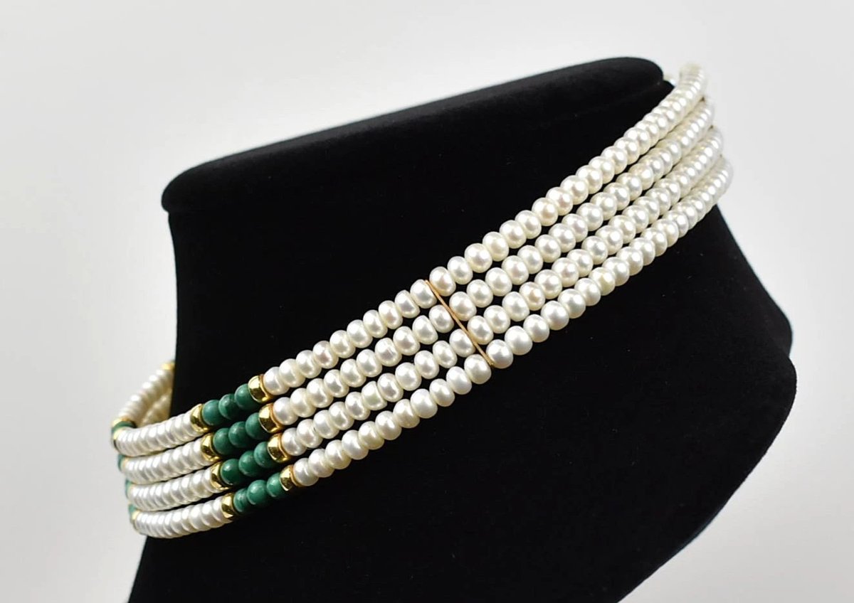 Collier ras du cou en or 18 carats avec perles et malachite du milieu du siècle et bracelet 38 -photo-3