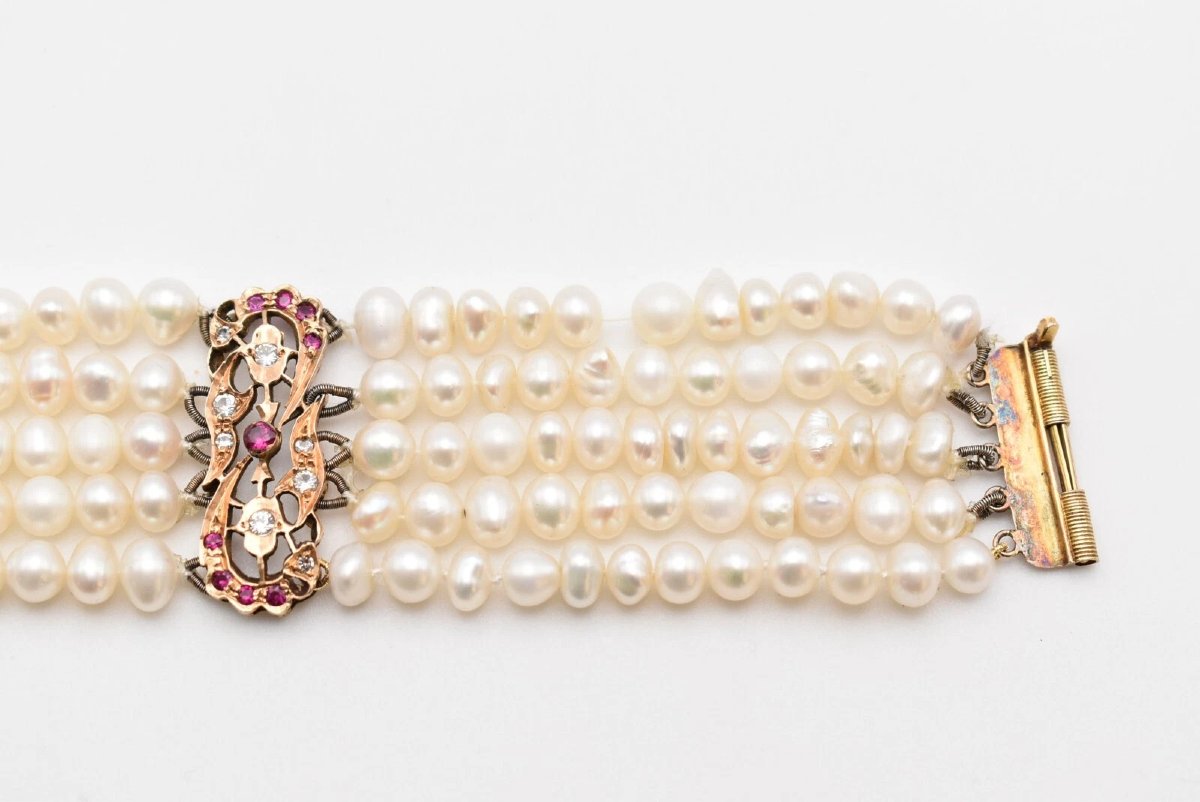 Antique Gold Bracelet Set Ruby, Diamond & Freshwater Pearl Five Row-photo-1