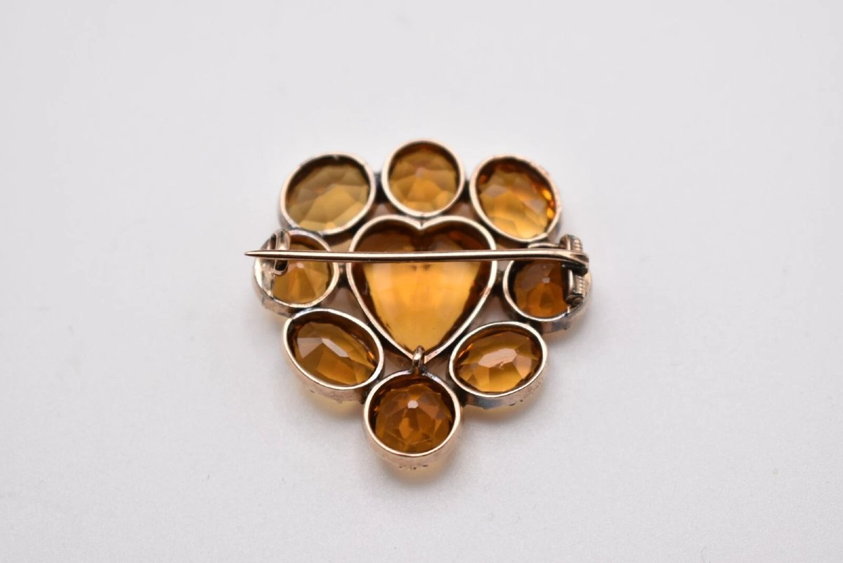 Antique Yellow Gold Triple Claw Set Nine Stone Golden Citrine Heart Brooch-photo-2