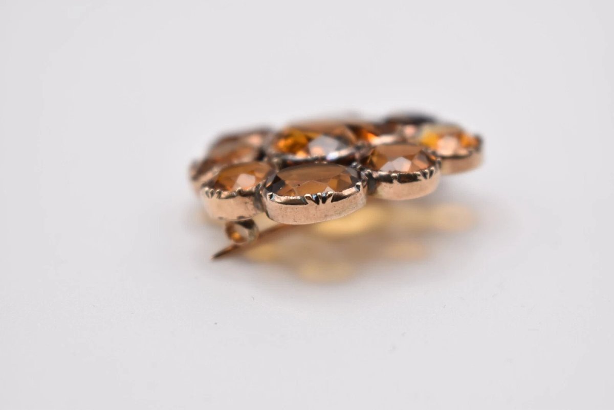 Antique Yellow Gold Triple Claw Set Nine Stone Golden Citrine Heart Brooch-photo-3