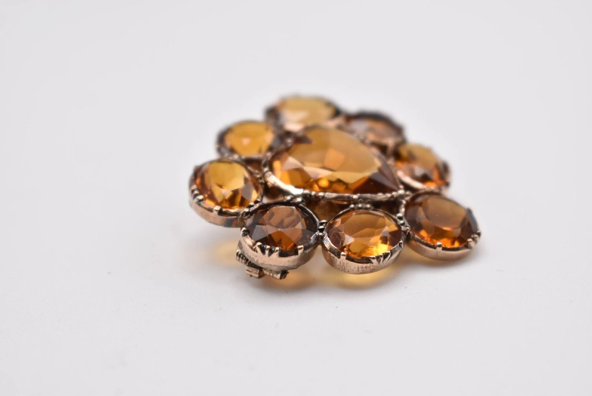 Antique Yellow Gold Triple Claw Set Nine Stone Golden Citrine Heart Brooch-photo-1