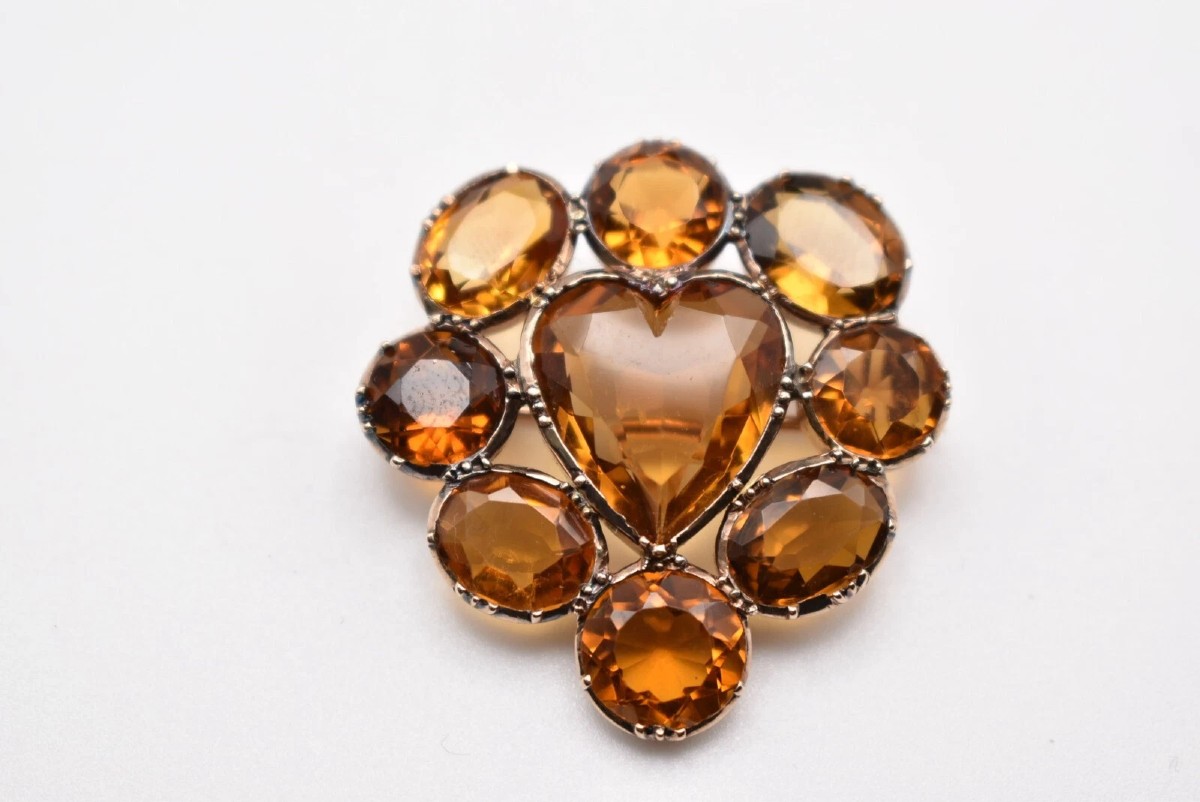 Antique Yellow Gold Triple Claw Set Nine Stone Golden Citrine Heart Brooch