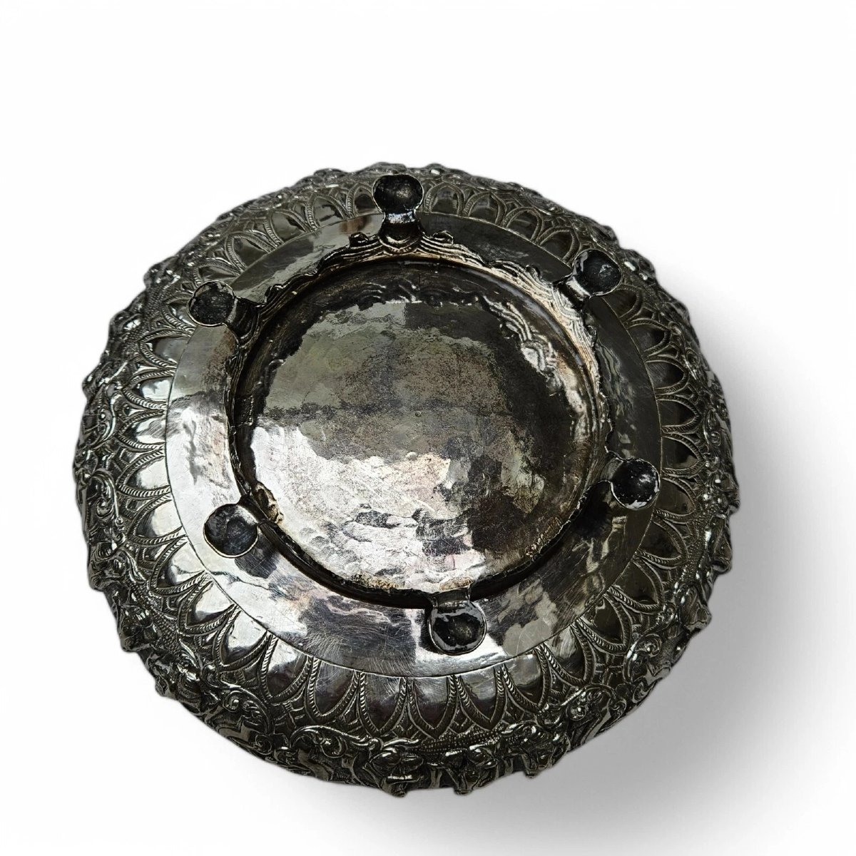 Antique Thai Solid Silver Footed Bowl – Intricately Handcrafted – Ornate Design-photo-2