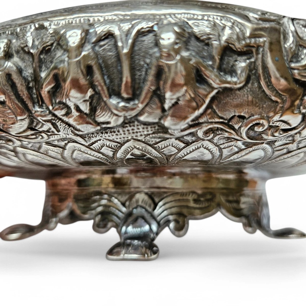 Antique Thai Solid Silver Footed Bowl – Intricately Handcrafted – Ornate Design-photo-3