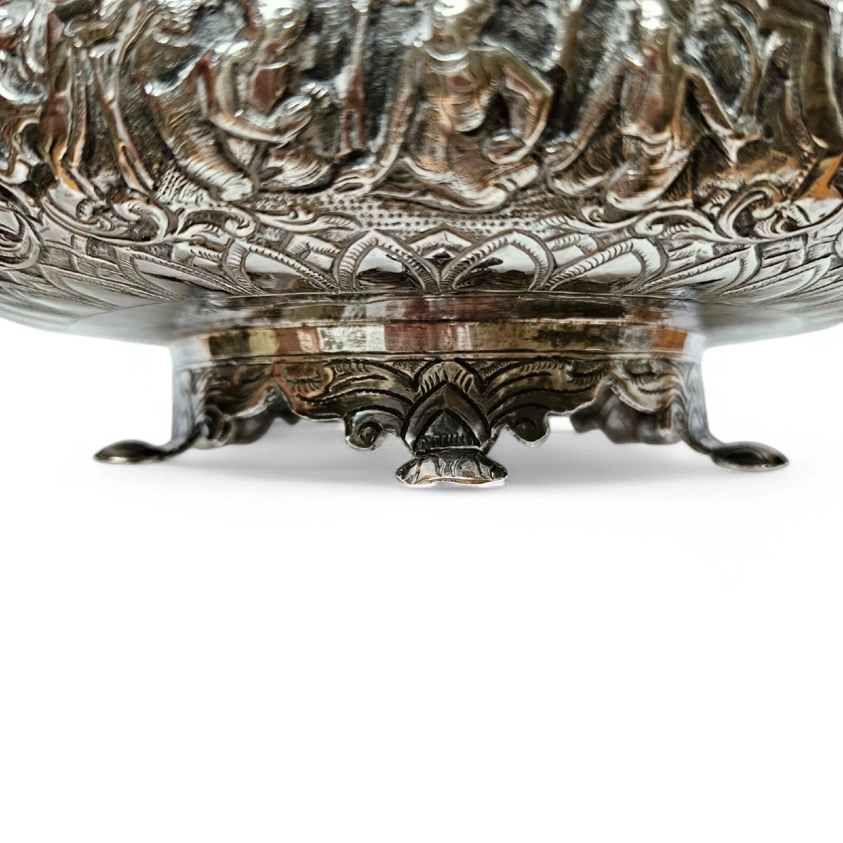 Antique Thai Solid Silver Footed Bowl – Intricately Handcrafted – Ornate Design-photo-6