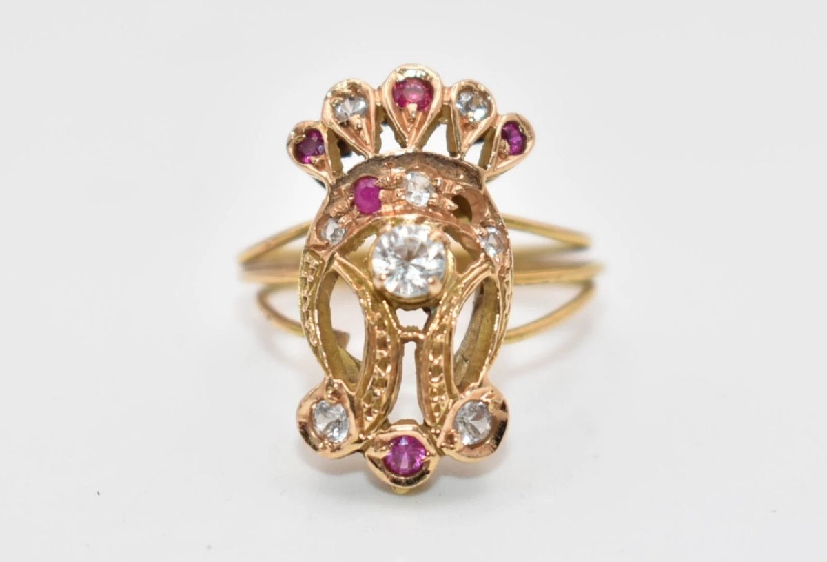 Edwardian Style 9ct Rose Gold Diamond Set W/ Smaller Diamonds & Ruby Ring Size M-photo-2