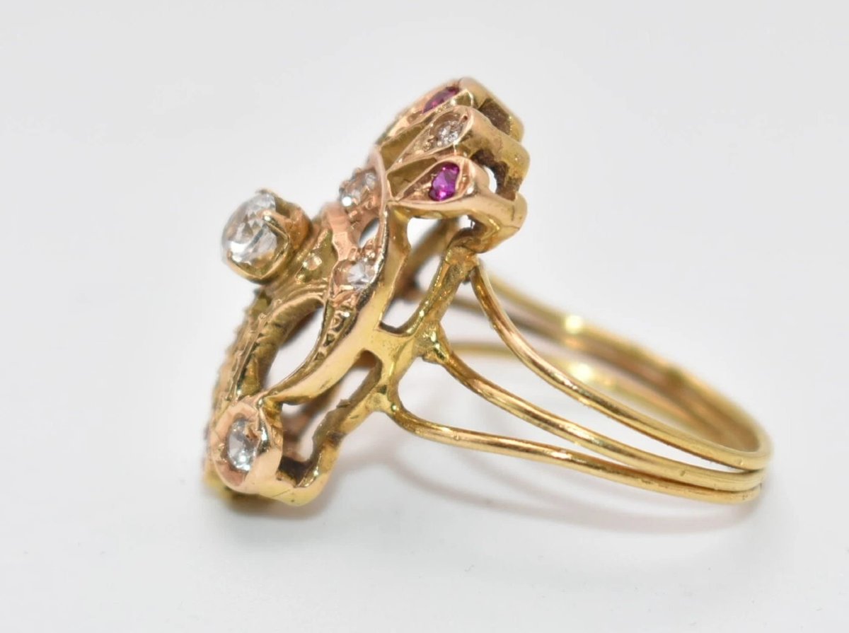 Edwardian Style 9ct Rose Gold Diamond Set W/ Smaller Diamonds & Ruby Ring Size M-photo-3