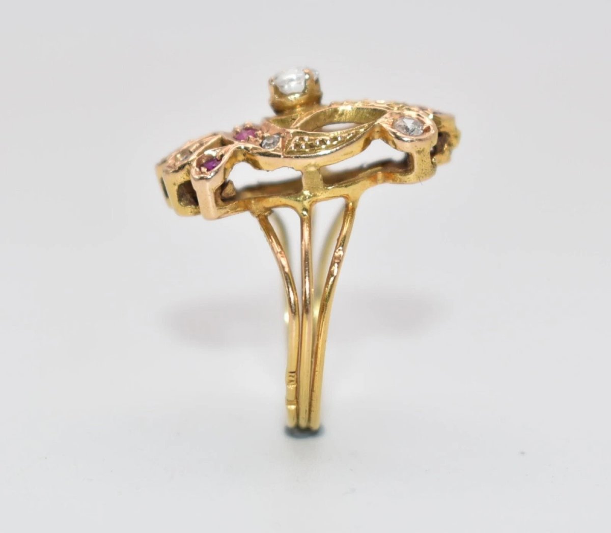 Edwardian Style 9ct Rose Gold Diamond Set W/ Smaller Diamonds & Ruby Ring Size M-photo-5
