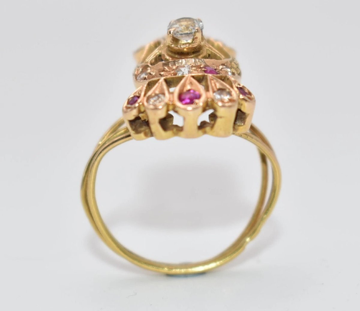 Edwardian Style 9ct Rose Gold Diamond Set W/ Smaller Diamonds & Ruby Ring Size M-photo-6