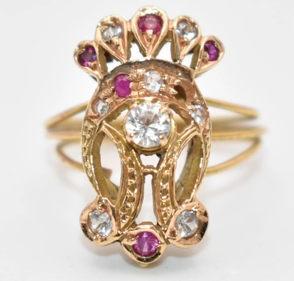 Edwardian Style 9ct Rose Gold Diamond Set W/ Smaller Diamonds & Ruby Ring Size M