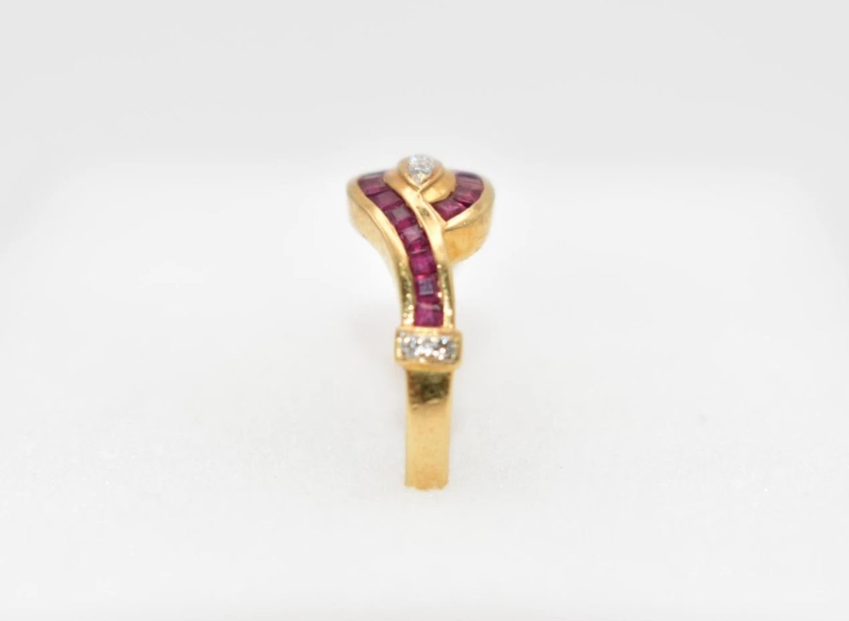 Antique 18ct Gold Set Ruby & Old Cut Diamond Crossover Cluster Ring Size: M-photo-3