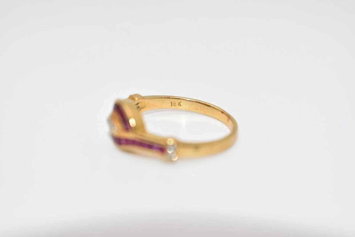 Antique 18ct Gold Set Ruby & Old Cut Diamond Crossover Cluster Ring Size: M-photo-2