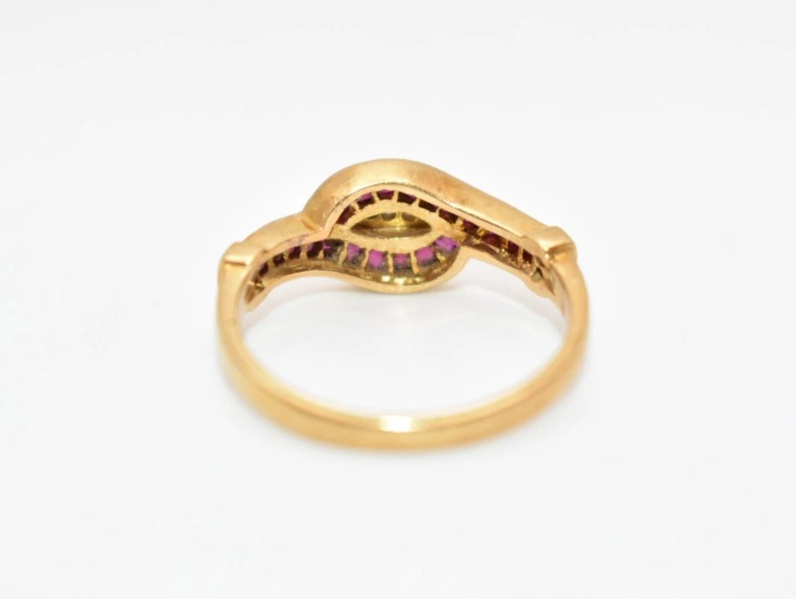 Antique 18ct Gold Set Ruby & Old Cut Diamond Crossover Cluster Ring Size: M-photo-4
