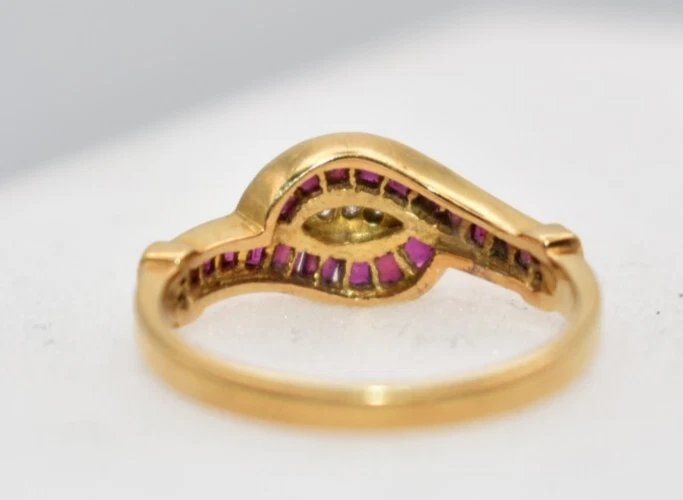 Antique 18ct Gold Set Ruby & Old Cut Diamond Crossover Cluster Ring Size: M-photo-5